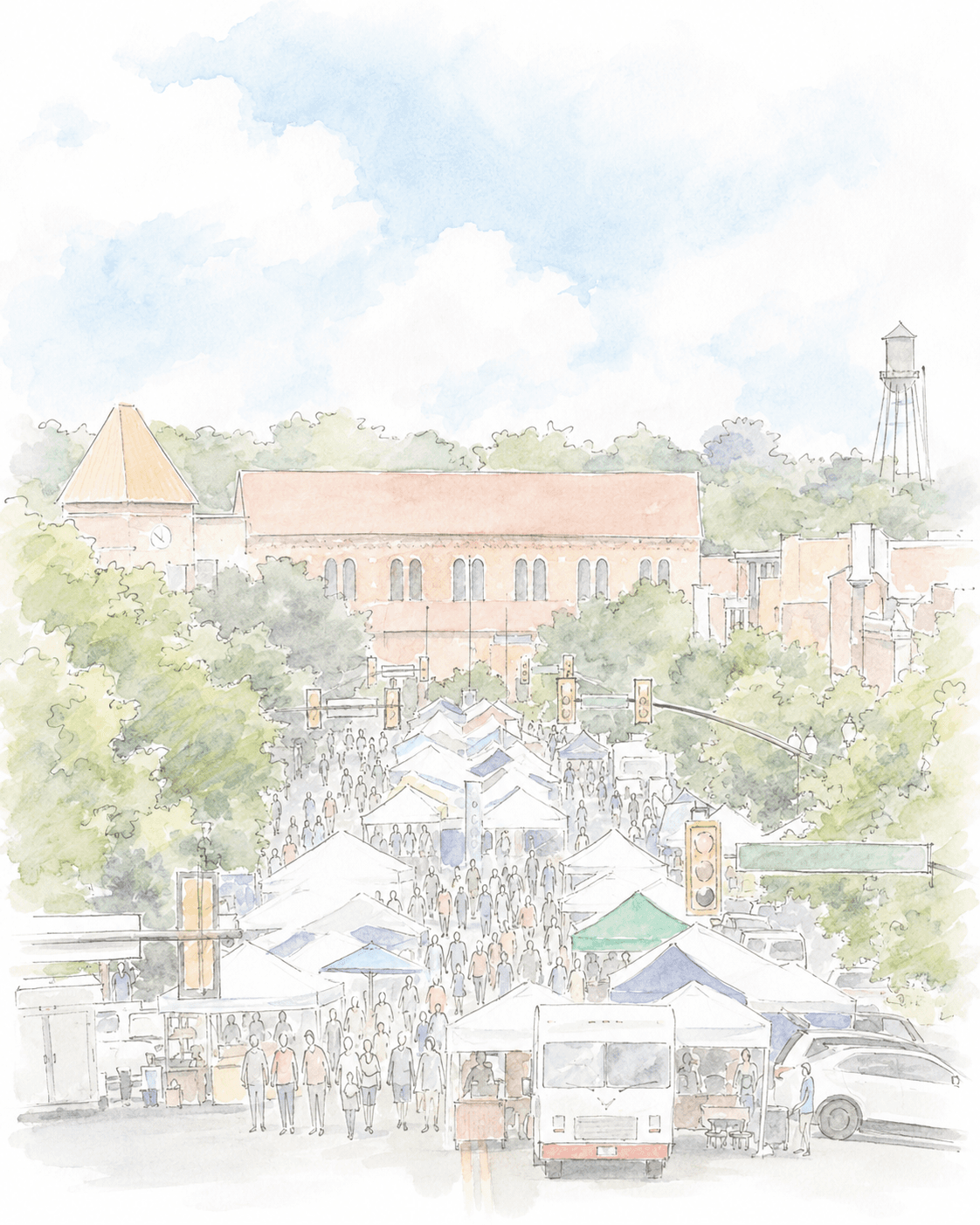 A busy street market, illustrated